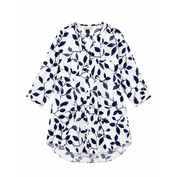 New Collection Tops - New Collection Womens Blue White Leaf Print Cotton Shirt Dress Tunic Italy 1X